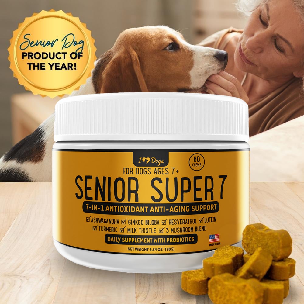 Senior Super 7 Daily MegaVitamin For Dogs 7-In-1 Antioxidant Anti-Aging Support With Probiotics For Longevity and Cognitive Boost - 60 Chews