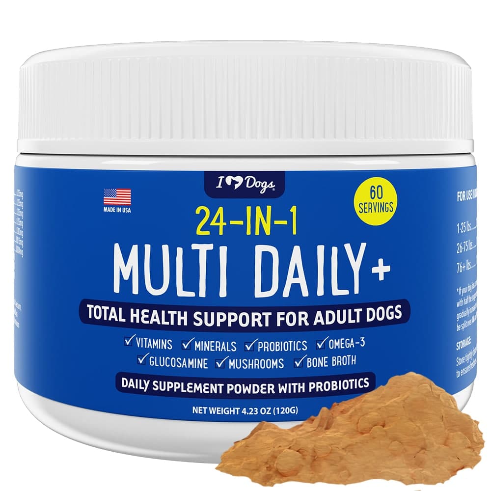 iHeartDogs 24-in-1 Adult Multivitamin Daily+ Total Health Support Powder with Probiotics, Omega-3, Glucosamine, Mushrooms & Bone Broth- 60 Servings